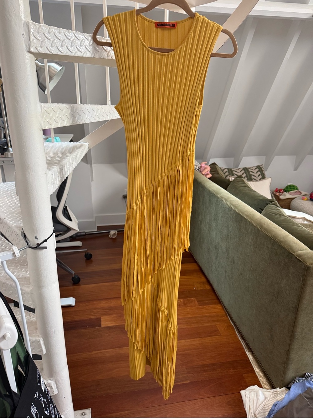 Simon Miller Mustard Yellow Asymmetrical Fringe Ribbed Dress